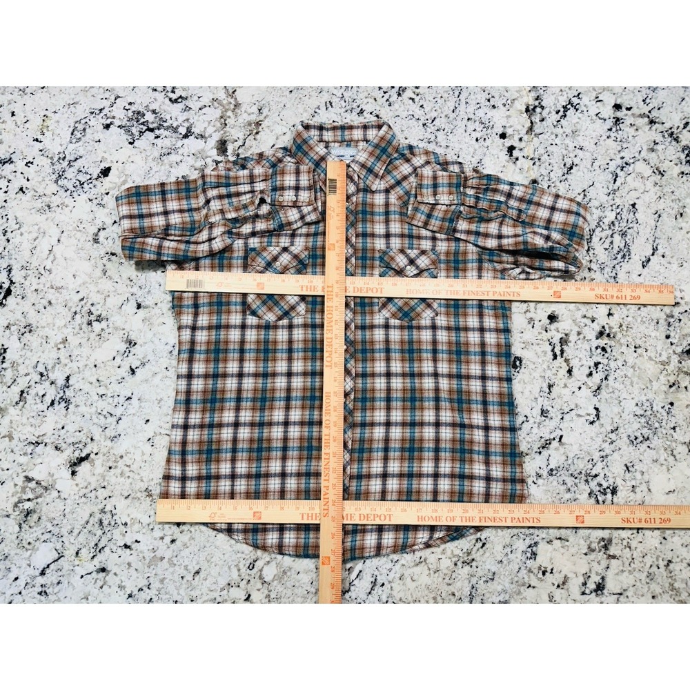 NWOT Wrangler Western Pearl Snap Flannel‎ Shirt Men's XL Brown Blue Plaid - Picture 3 of 11